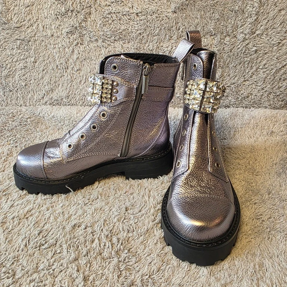 Karl Lagerfeld Rhinestone Ankle Metallic Silver‎ Leather Combat Boots 5M NEW